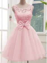 Admirable Baby Pink A-line Scoop Sleeveless Tulle Knee Length Lace Up Lace and Bowknot Damas Dress