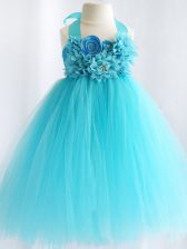  Tulle Halter Top Sleeveless Side Zipper Hand Made Flower Child Pageant Dress in Aqua Blue
