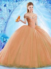 Fantastic Lace Up Sweet 16 Dresses Orange for Military Ball and Sweet 16 and Quinceanera with Beading Brush Train