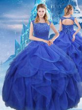 Stunning Bateau Sleeveless Vestidos de Quinceanera Floor Length Ruffles and Sequins Royal Blue Organza