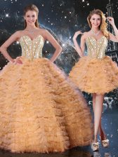 Customized Floor Length Lace Up 15 Quinceanera Dress Orange for Military Ball and Sweet 16 and Quinceanera with Beading and Ruffled Layers