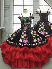 High Quality Sleeveless Lace Up Floor Length Embroidery and Ruffled Layers Kids Formal Wear