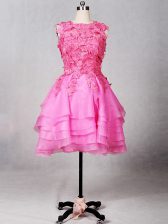  Rose Pink Evening Dress Prom and Sweet 16 with Lace and Appliques and Ruffled Layers Scoop Sleeveless Zipper
