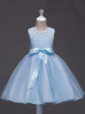 Dramatic Knee Length Light Blue Child Pageant Dress Tulle Sleeveless Lace and Belt