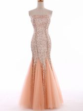 Custom Design Peach Tulle Lace Up Prom Dresses Sleeveless Floor Length Sequins