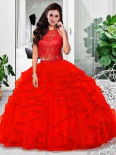 Extravagant Red Tulle Zipper Vestidos de Quinceanera Sleeveless Floor Length Lace and Ruffles