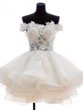 Charming White Sleeveless Beading and Lace and Embroidery and Ruffles Knee Length Prom Dresses