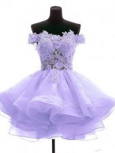 Trendy Lavender Tulle Zipper Off The Shoulder Sleeveless Mini Length Prom Dresses Lace and Appliques