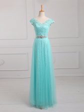  Aqua Blue Cap Sleeves Floor Length Beading and Appliques Lace Up Dress for Prom