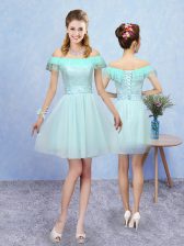 Modest Off The Shoulder Cap Sleeves Dama Dress for Quinceanera Mini Length Lace Aqua Blue Tulle