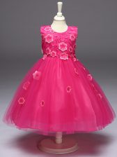 Stylish Hot Pink Ball Gowns Scoop Sleeveless Tulle Knee Length Zipper Appliques and Bowknot Little Girls Pageant Dress