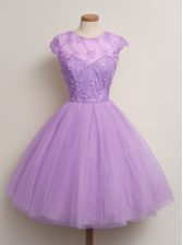 Modest Lilac Cap Sleeves Knee Length Lace Lace Up Quinceanera Dama Dress