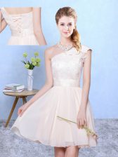  Knee Length Champagne Quinceanera Court of Honor Dress Chiffon Cap Sleeves Appliques