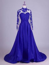 Custom Design Royal Blue Sleeveless Taffeta Brush Train Lace Up Evening Dress