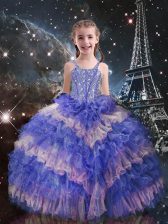  Straps Sleeveless Little Girl Pageant Gowns Floor Length Beading and Ruffled Layers Lilac Organza