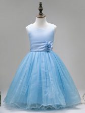 On Sale Scoop Sleeveless Little Girls Pageant Dress Wholesale Floor Length Hand Made Flower Baby Blue Tulle