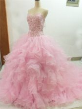 Fine Sleeveless Beading and Ruffles Lace Up Quinceanera Gown with Baby Pink Brush Train
