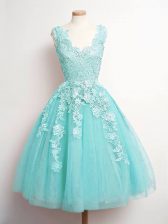 Nice Aqua Blue Quinceanera Court of Honor Dress Prom and Party and Wedding Party with Lace V-neck Sleeveless Lace Up
