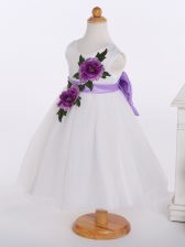Excellent Tulle Scoop Sleeveless Zipper Bowknot and Hand Made Flower Pageant Gowns For Girls in White