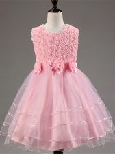  Tulle Scoop Sleeveless Zipper Ruffled Layers and Hand Made Flower Little Girl Pageant Gowns in Baby Pink