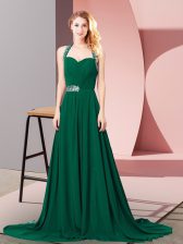 Dark Green Prom Dress Chiffon Brush Train Sleeveless Beading and Ruching