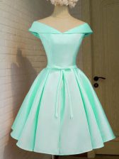  Turquoise A-line Off The Shoulder Cap Sleeves Taffeta Knee Length Zipper Belt Dama Dress