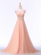 Admirable Off The Shoulder Sleeveless Brush Train Lace Up Prom Evening Gown Peach Tulle