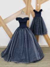 Eye-catching Navy Blue Lace Up Off The Shoulder Ruching Prom Dresses Tulle Sleeveless Brush Train