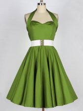 Simple Olive Green A-line Halter Top Sleeveless Taffeta Knee Length Lace Up Belt Quinceanera Court Dresses