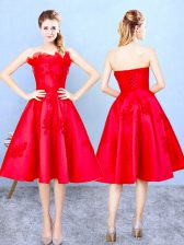  Satin Strapless Sleeveless Lace Up Appliques and Ruffles Damas Dress in Red