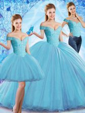 Sumptuous Baby Blue Sweet 16 Quinceanera Dress Organza Sweep Train Sleeveless Beading