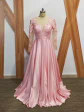  Baby Pink Scoop Neckline Beading and Appliques Prom Dress Long Sleeves Backless