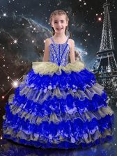  Multi-color Organza Lace Up Straps Sleeveless Floor Length Girls Pageant Dresses Beading and Ruffled Layers