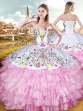 Glittering Rose Pink Sleeveless Embroidery and Ruffled Layers Floor Length Quinceanera Gowns