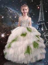 Custom Fit White Ball Gowns Straps Sleeveless Tulle Floor Length Lace Up Beading and Ruffled Layers Little Girl Pageant Dress