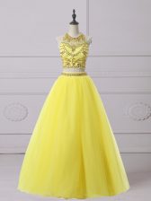 Superior Yellow Organza Backless Prom Party Dress Sleeveless Floor Length Beading