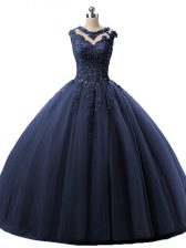 Suitable Navy Blue Ball Gowns Beading and Lace Vestidos de Quinceanera Lace Up Tulle Sleeveless Floor Length