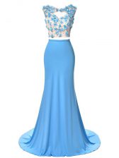 Beautiful Two Pieces Sleeveless Blue Dress for Prom Brush Train Backless