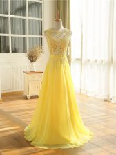 Classical Yellow Sleeveless Lace and Appliques Floor Length Prom Dress