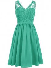 Edgy Green Empire Chiffon V-neck Sleeveless Lace and Ruching Knee Length Side Zipper Damas Dress