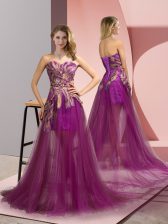  Purple Zipper Prom Party Dress Appliques Sleeveless Brush Train
