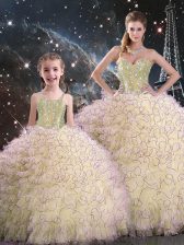  Light Yellow Organza Lace Up Sweetheart Sleeveless Floor Length Quinceanera Gown Beading and Ruffles