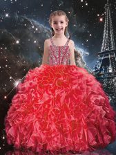  Sleeveless Floor Length Beading and Ruffles Lace Up Little Girls Pageant Gowns with Coral Red