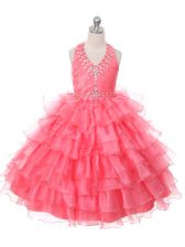  Coral Red Little Girls Pageant Dress Wedding Party with Beading and Ruffled Layers Halter Top Sleeveless Lace Up