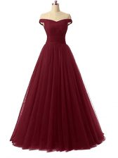  A-line Evening Dress Burgundy Off The Shoulder Tulle Sleeveless Floor Length Lace Up