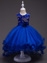  Royal Blue Ball Gowns Scoop Sleeveless Tulle High Low Zipper Appliques and Hand Made Flower Kids Pageant Dress