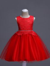Wonderful Ball Gowns Little Girl Pageant Gowns Red Scoop Organza Sleeveless Knee Length Zipper