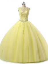 Elegant Sleeveless Tulle Floor Length Lace Up 15th Birthday Dress in Yellow with Beading and Lace