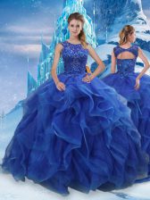 Glittering Blue Lace Up 15th Birthday Dress Beading and Ruffles Sleeveless Floor Length