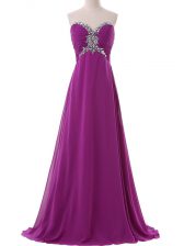 Free and Easy Eggplant Purple Lace Up Sweetheart Beading and Ruching Prom Gown Chiffon Sleeveless Brush Train